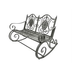 Regency design wrought metal rocking garden two seat, pierced back with scroll design over strap seat, with C-scroll back supports, in antique grey finish
