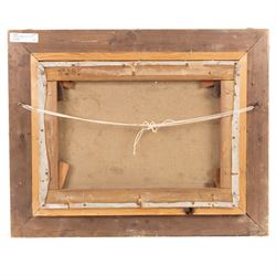 Owen Bowen (Staithes Group 1873-1967): Rowing on a Dutch Waterway, oil on canvas signed 26cm x 36cm