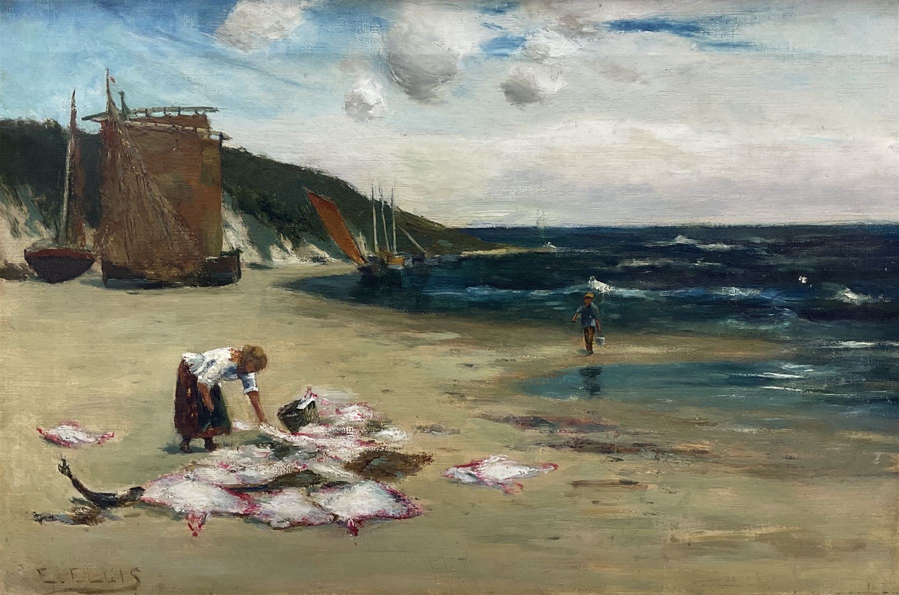 Edwin John Ellis (British 1841-1895): Fishwife Cleaning Skate on the Shore, oil on canvas signed 35cm x 53cm