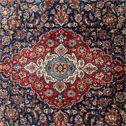 Persian Kashan carpet, navy field with central red diamond medallion enclosing floral rosette, framed by dense scrolling foliage and palmettes, triple borders in red, blue and ivory, originating from central Iran
