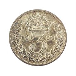 King Edward VII 1902 matt proof short coin set, comprising gold half sovereign and sovereign, silver maundy money set, sixpence, shilling, florin, halfcrown and crown, housed in the official dated case of issue