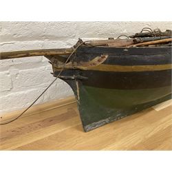 Antique scratch built wooden model ship, part complete, L130cm, H30cm