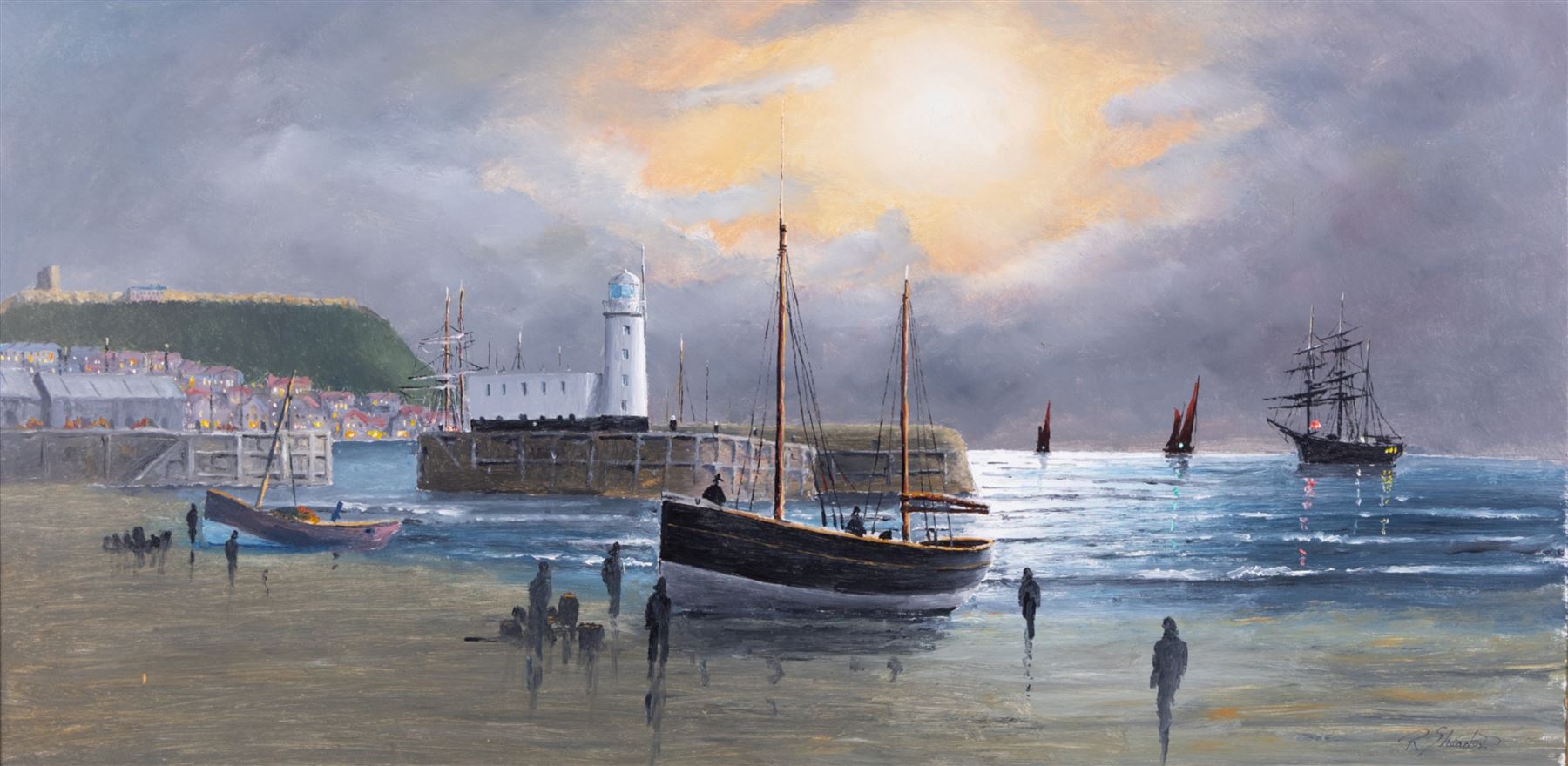 Robert Sheader (British 20th century): Fishing Boat on the Foreshore Scarborough by Moonlight, oil on board signed 45cm x 91cm