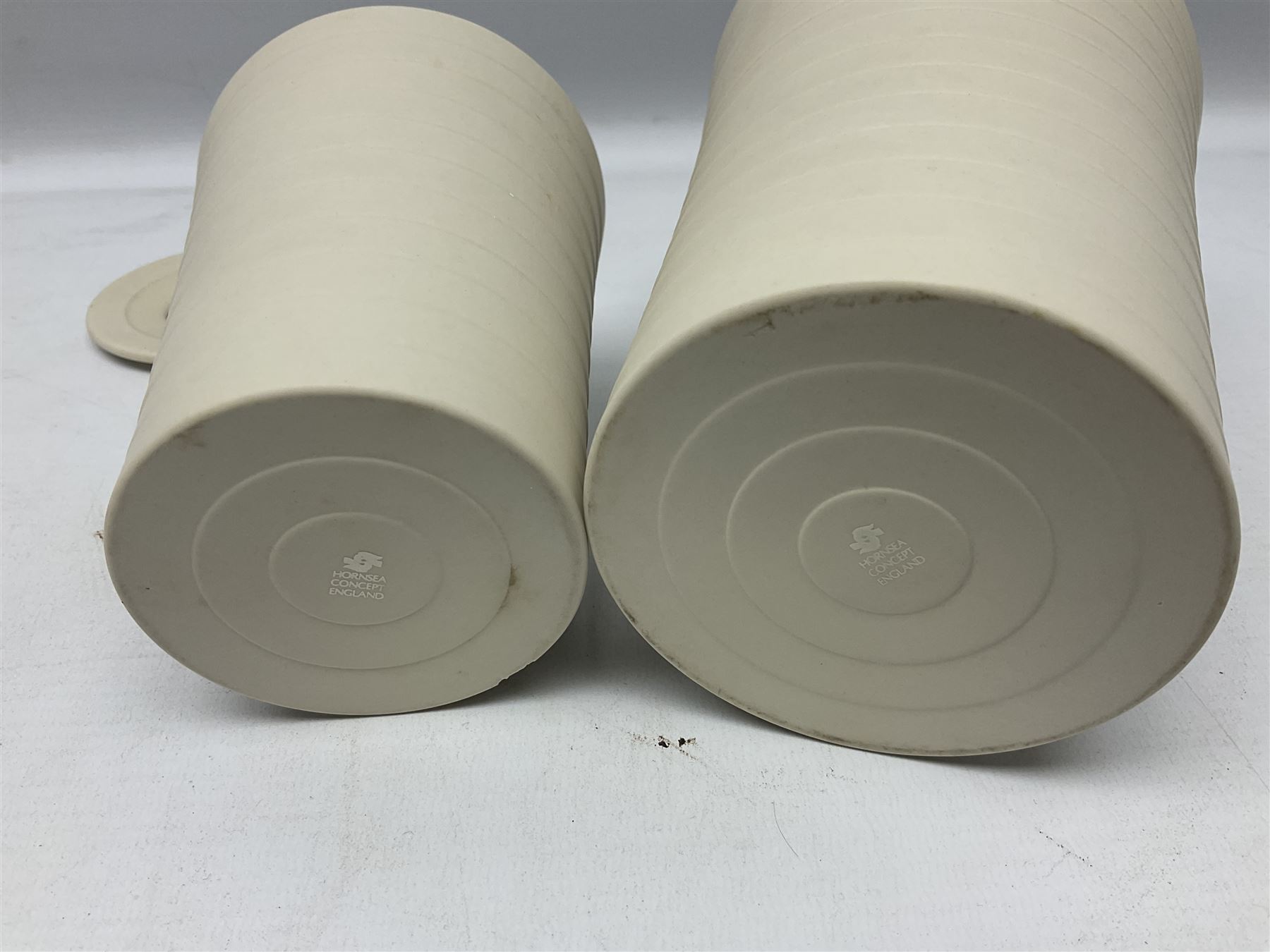 Hornsea Pottery Rainbow planter by John Clappison, together with two Horsea Concept vases with flower holders and Hornsea Stadium dish, largest example H16cm