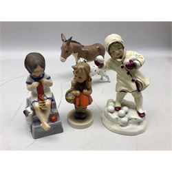 Quantity of figures, to include Royal Worcester Tommy no 2913, Saturday's child no 3202, December no 3458, Royal Doulton Tootles HN1680 and two dog figures, Beswick Dalmatian and donkey, two Lladro geese etc