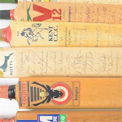 Nine signed miniature cricket bats, each signed by 1990s/2000s County Cricket teams and single players, including Paul Franks Nottinghamshire 2005  Worcestershire 1998, Derbyshire 1994, Nottinghamshire 1999 etc