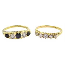 Gold five stone diamond ring, stamped 18ct and a gold sapphire stone diamond and sapphire ring, hallmarked 18ct