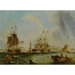  J W Carmichael (British 1799-1868): 'Men-of-War Portsmouth Harbour', oil on canvas unsigned 44cm x 59cm Notes: a larger and more detailed painting of this title by Carmichael hangs in the Laing Gallery Newcastle   
