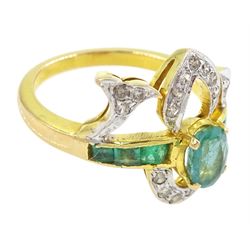 Gold emerald and diamond ring, the principal oval cut emerald, with three calibre cut emeralds set either side, within a diamond set fancy openwork setting