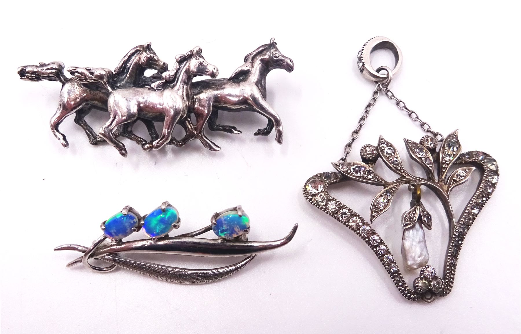 Collection of silver jewellery including butterfly wing brooch and pendant by Thomas L Mott, Art Nouveau pearl and paste pendant, marcasite, opal and amber brooches, lapis lazuli ring, pearl necklace etc and a rice pearl necklace with 9ct gold clasp 