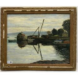 David More (British Mid-20th century): Lakeside Moored Boats, oil on board signed 39cm x 50cm