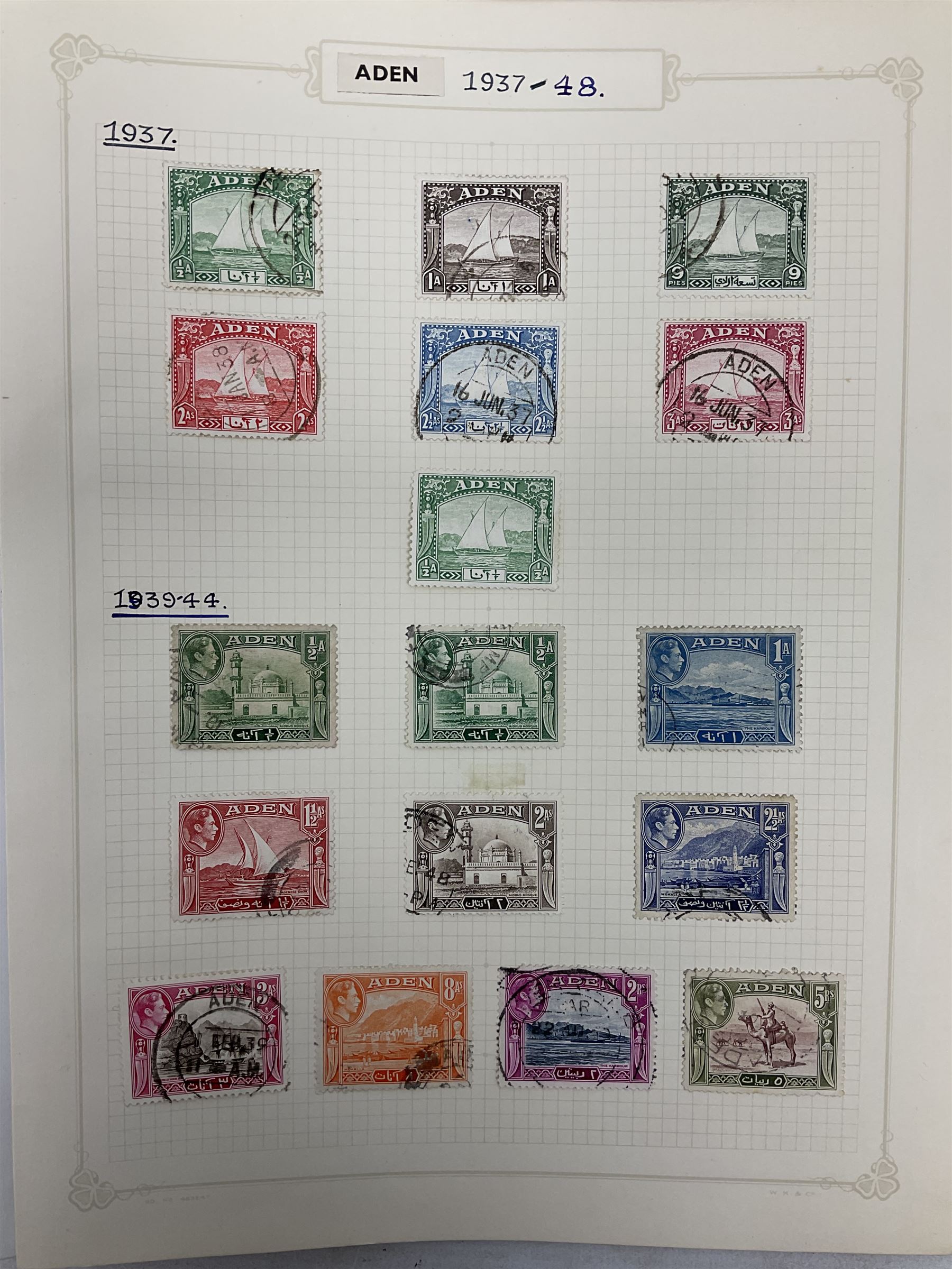 Aden King George VI and later stamps, including 1939-44 used values to five Rs etc and Ascension King George V and later stamps, including KGVI 1937 unused values to ten shillings etc, housed on pages