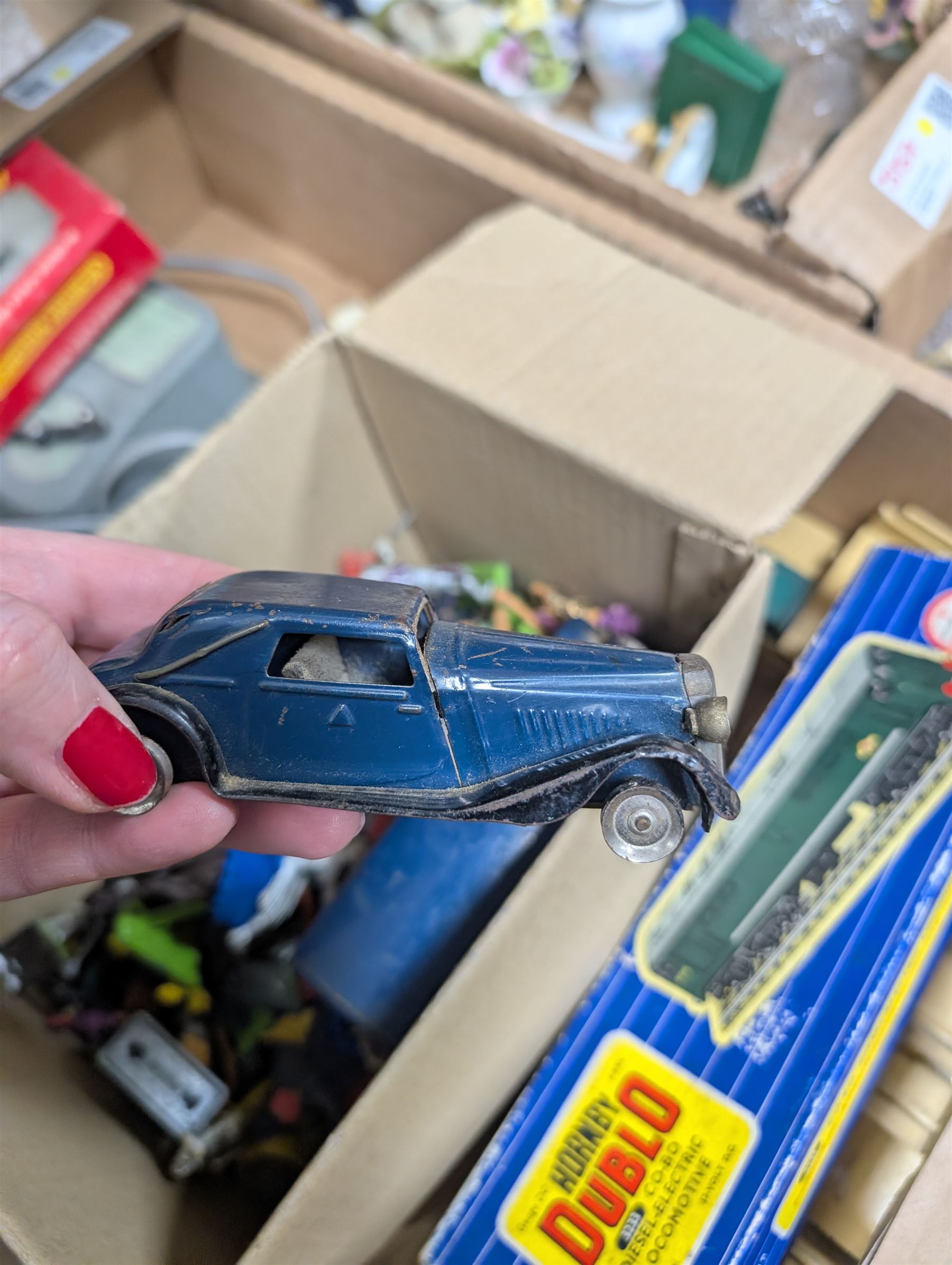 Hornby Dublo Co-Bo diesel locomotive, boxed, one other Hornby steam locomotive, Hornby accessories, four Minic cars and a collection of Deetail soldiers 