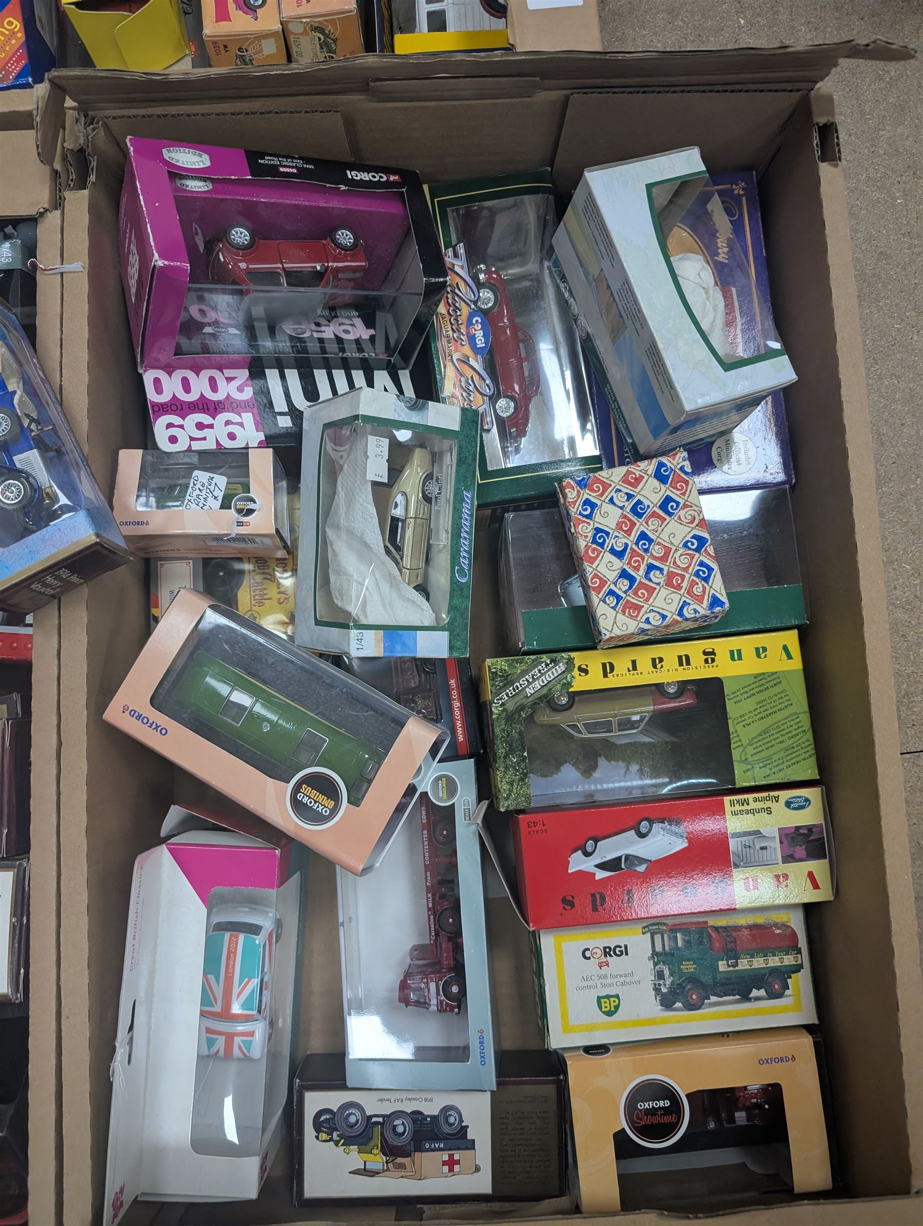 Collection of boxed diecast vehicles, including Triang Minic Ship, Corgi, Vanguards, Dinky and Matchbox examples, in three boxes