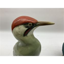 Karl Ens figure of a green woodpecker, modelled perched upon branch, model no. 7527, together with Karl Ens figure of budgie and Beswick Kingfisher no. 2371, all with printed marks beneath, tallest H25cm