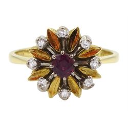18ct gold ruby and diamond cluster ring,