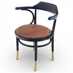 Thonet - 20th century ebonised elbow chair, bentwood construction with a circular brown le...