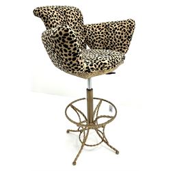 Late 20th century tub shaped bar stool upholstered in leopard print fabric, on gilt finish twisted metal frame, adjustable height, H109cm (max height to back)
