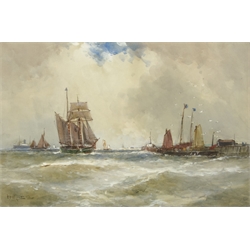  Frank Henry Mason (Staithes Group 1875-1965): Steam and Sailing Vessels off the Coast, watercolour heightened in white signed 23cm x 34cm  DDS - Artist's resale rights may apply to this lot    