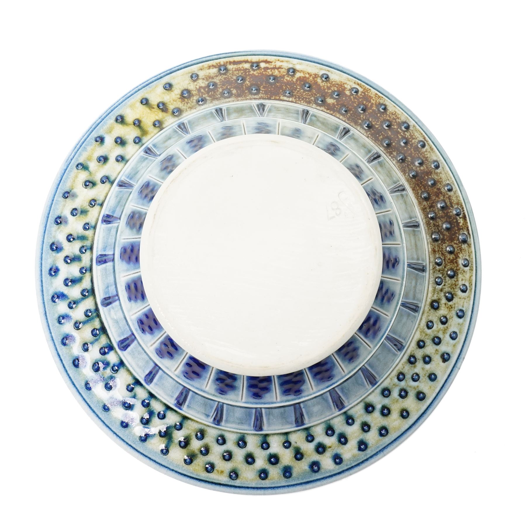 Andrew Osborne (1956 -): Geometric Jar and Bowl, with abstract design in typical blue and green glazes, incised marks to bases, jar H34cm