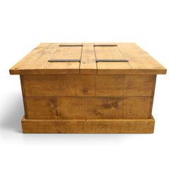 Indigo Furniture - rustic oak coffee table with double-hinged top concealing compartment, on skirted base
