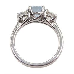 Platinum three stone round aquamarine and round brilliant cut ring, hallmarked, aquamarine approx 1.00 carat, total diamond weight approx 1.00 carat