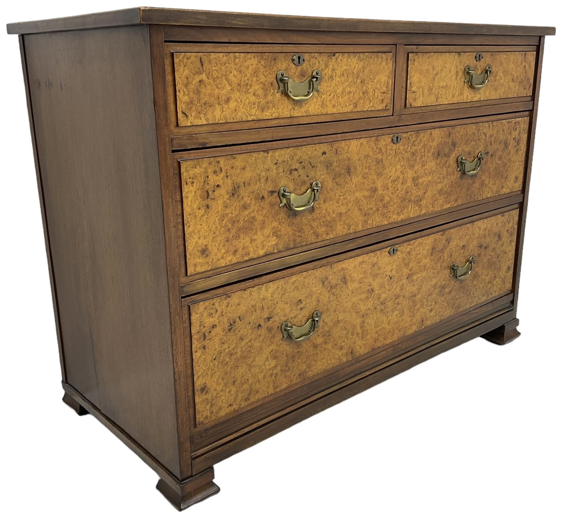 Late Victorian walnut straight-front chest, fitted with two short over two long figured drawers, on ogee rectangular feet
