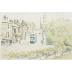 Peter Lapish (British 1937-): Tram on a Leeds Street, watercolour signed 35.5cm x 54cm