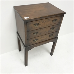 Small early 20th century mahogany chest on stand,  three walnut burr veneered drawers, square supports, W44cm, H68cm, D31cm