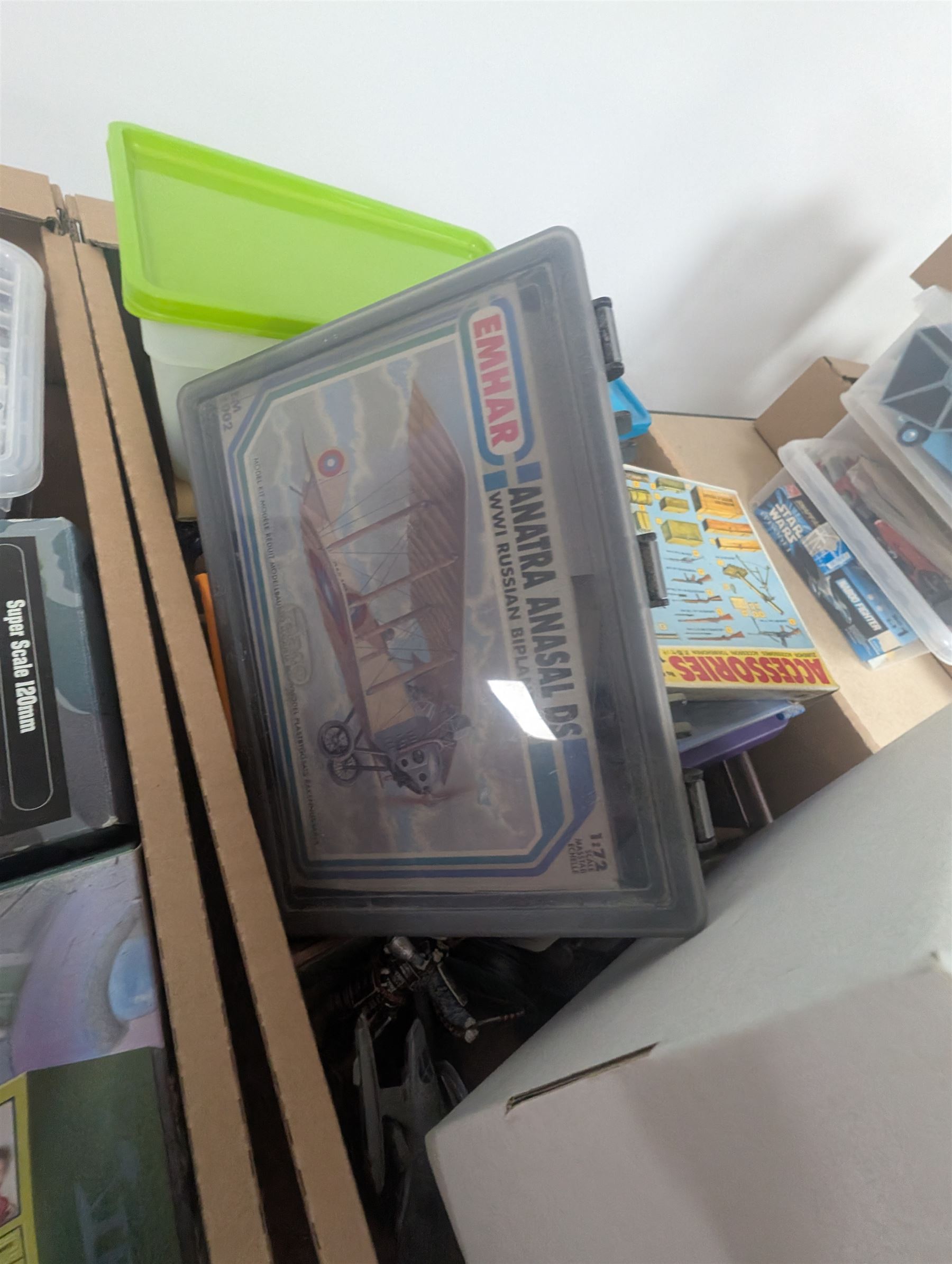 Collection of modelling equipment, kits, accessories, loose lego, including Games Workshop Warhammer 40000, military figures, etc, in four boxes, 