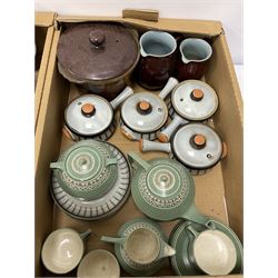 20th Century Arnhem Holland part coffee service to include lidded twin handled sucrier and coffee pot decorated with geometric pattern banding on sage green ground, together with a quantity Denby stoneware etc