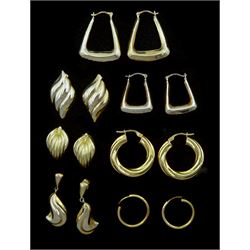 Six pairs of 9ct gold stud earrings including hoop and leaf and a pair of 10ct gold rectangular hoop earrings