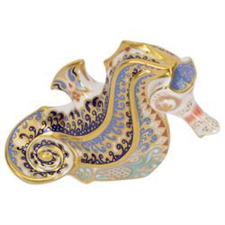 Three Royal Crown Derby paperweights, comprising Cromer Crab, Harbour Seal and Seahorse, all with gold stoppers and boxes