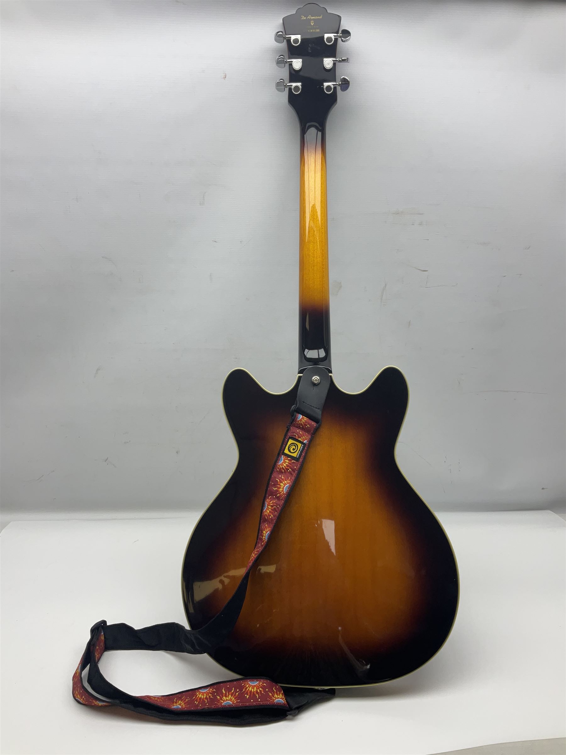 DeArmond Guild Star Fire Custom semi-acoustic guitar c2009 with tobacco sunburst finish and USA DeArmond gold foil pick-ups; serial no.KC9091266; L104cm; in Spider carrying case