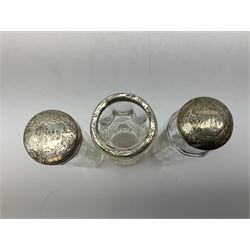 1920's silver stand, hallmarked Birmingham 1922, together with two tall faceted clear glass dressing table jars with hallmarked silver covers, and cut glass vase with hallmarked silver mounted collar, and small group of silver handled accessories, including files, picks, etc., approximate total silver weight 58.8 grams