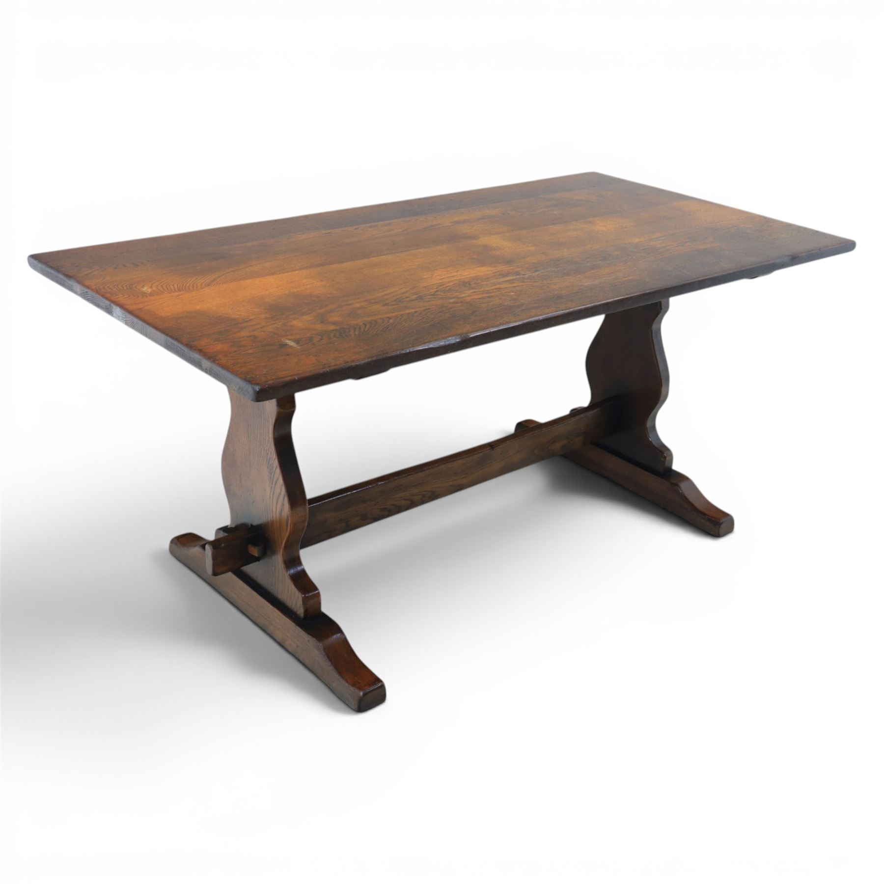 17th century design oak refectory dining table, rectangular table on stretcher base with shaped ends 
