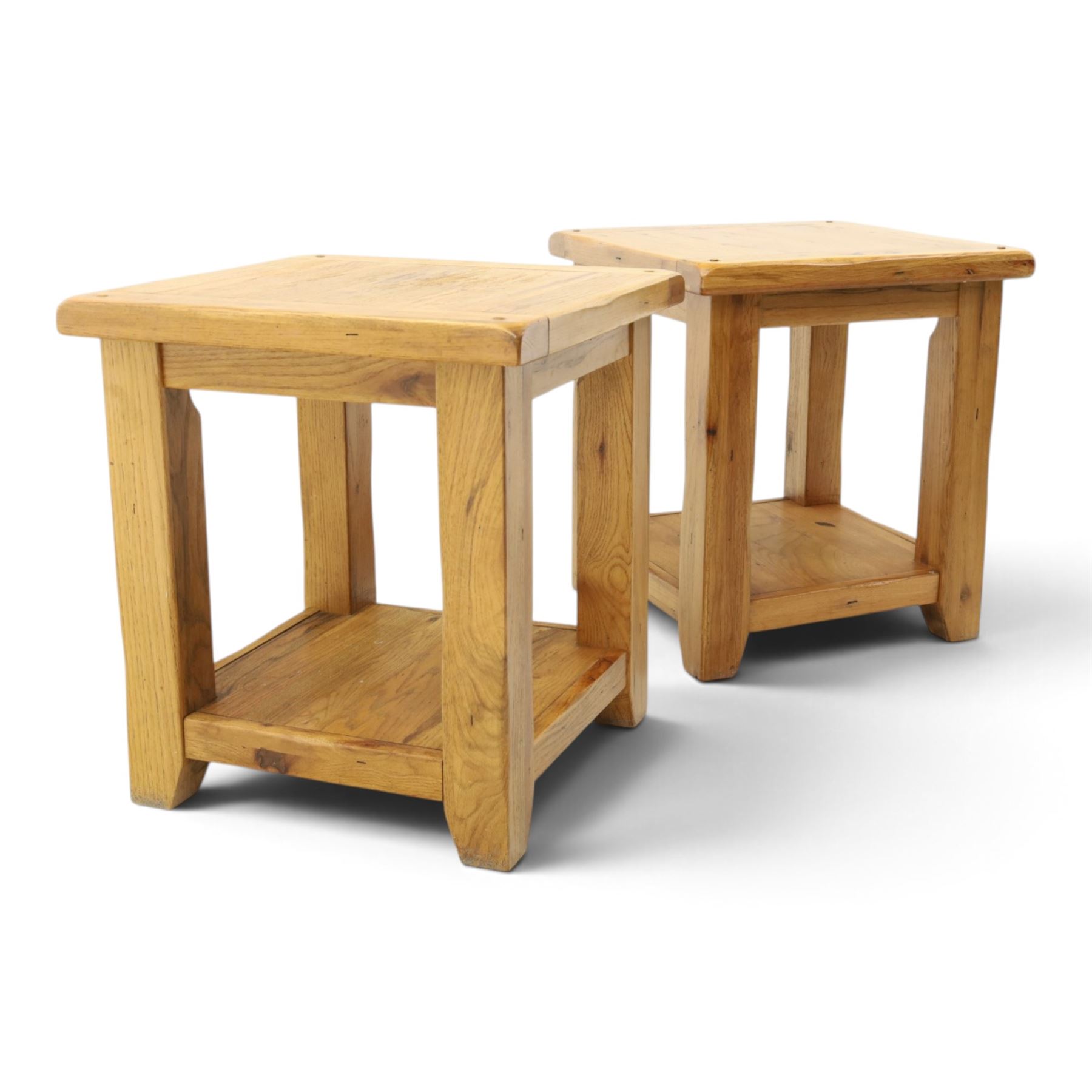 Pair of light oak  two tier occasion tables, square top on square supports united by under tier