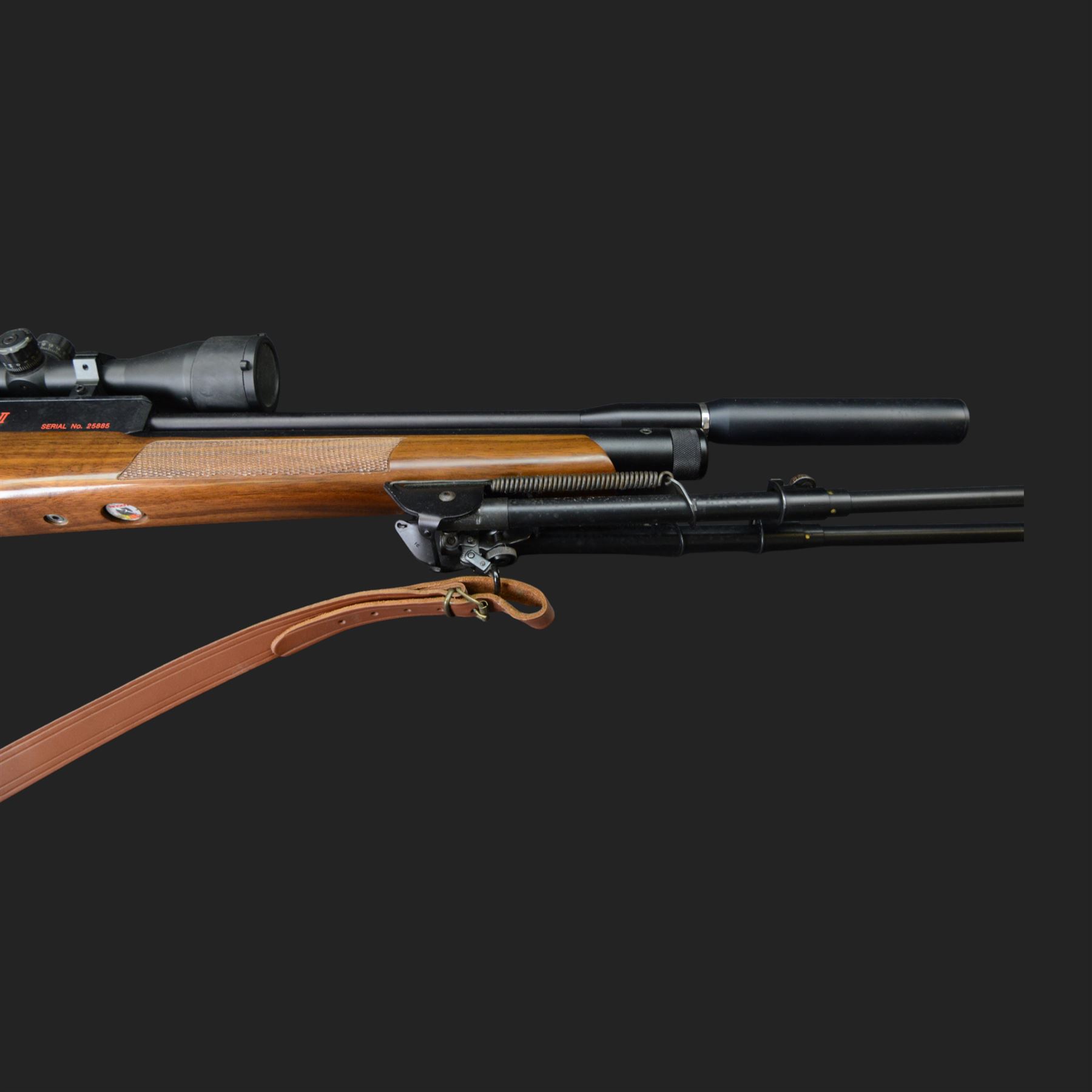 Logun MK2 22 Cal. air rifle, serial no 25885, with ASG fitted sight, bi-pod stand and fitted moderator  