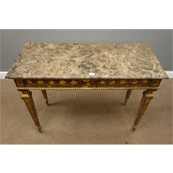  Pair of 18th century style gilt console tables faux marble tops on scroll and leaf moulded supports W112cm, H80cm, D48cm (2)  