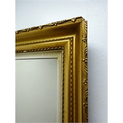  Chippendale style mahogany fret work parcel gilt wall mirror, carved Hoho bird (W45cm, H77cm) and a rectangular gilt framed mirror (W49cm, H70cm)  