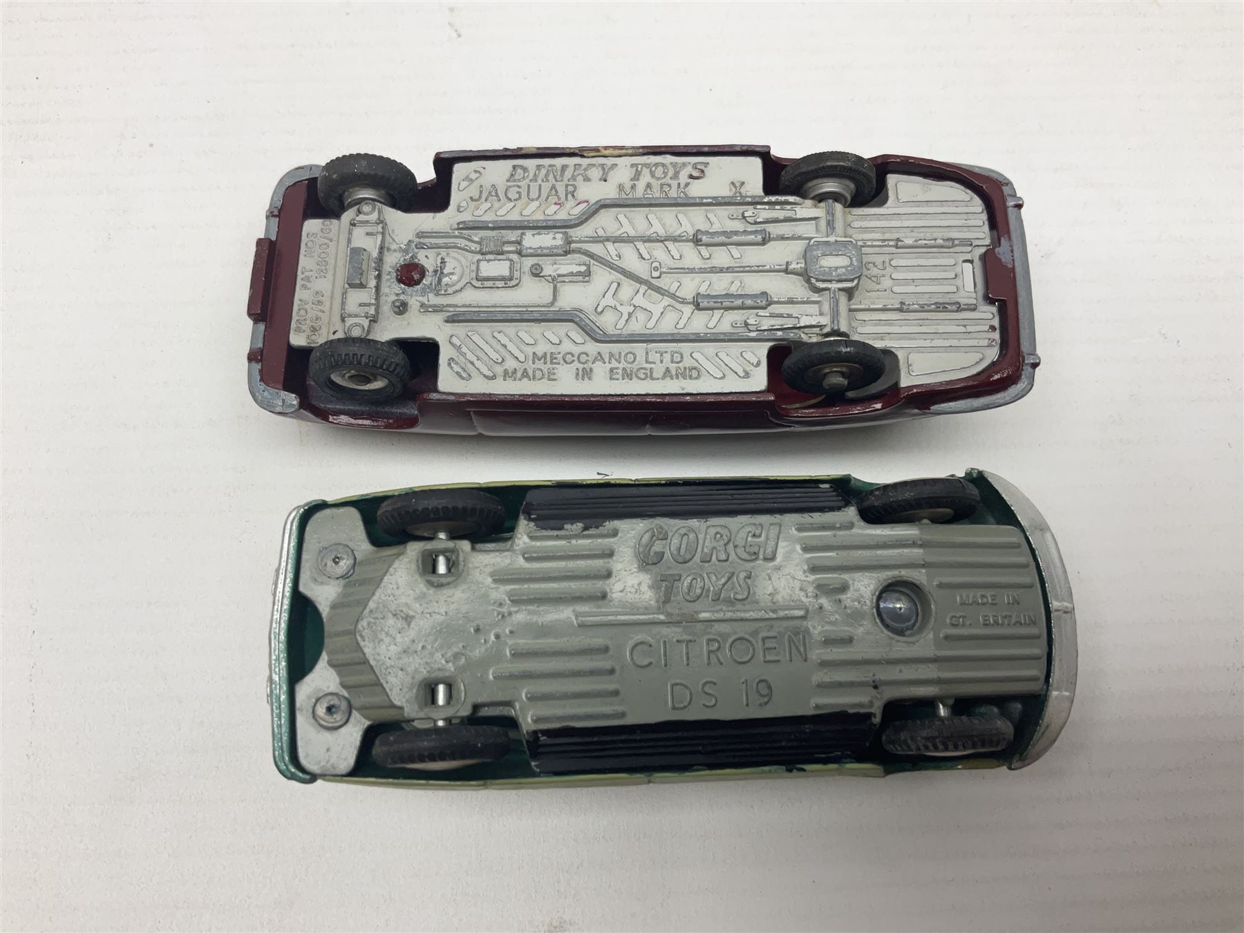 Eleven unboxed and playworn early die-cast models including Dinky Packard, Buick, two Jaguar Mark X and estate wagon, Corgi Mercedes-Benz 300S.L. Roadster, Ford Thunderbird, Citroen DS19 and Bentley Continental Sports Saloon, Spot-On Armstrong Siddeley Sapphire etc; all unboxed (11)