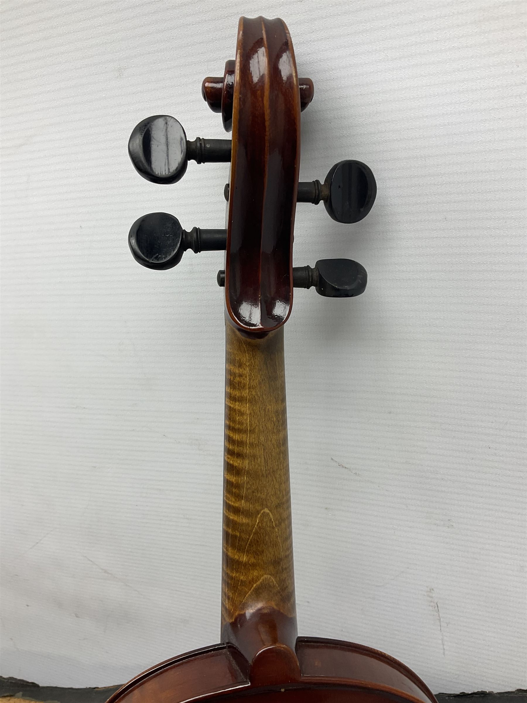 German trade violin 1950s with 36cm two-piece maple back and ribs and spruce top, bears label 'Johann Stainer in Absam prope Oenipontum 1650' L59cm; in carrying case with bow impressed Tourte