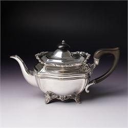 Edwardian silver three piece bachelors tea set of panel sided rectangular form with shell and scroll borders on shell moulded feet London 1903- 1905 Maker Josiah Williams & Co