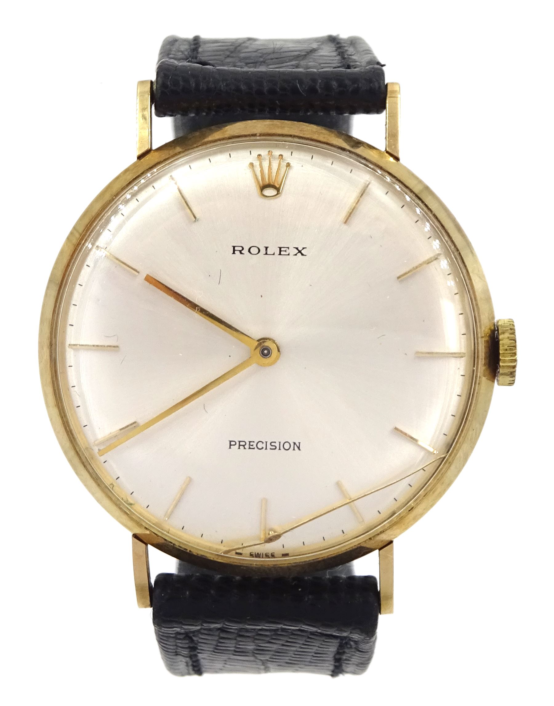 Rolex Precision gentleman's 9ct gold manual wind presentation wristwatch, 17 jewel movement, Cal 1225, silvered dial with baton hour markers, case No. 90150, London 1971, on original leather strap and gilt Rolex buckle, boxed with papers