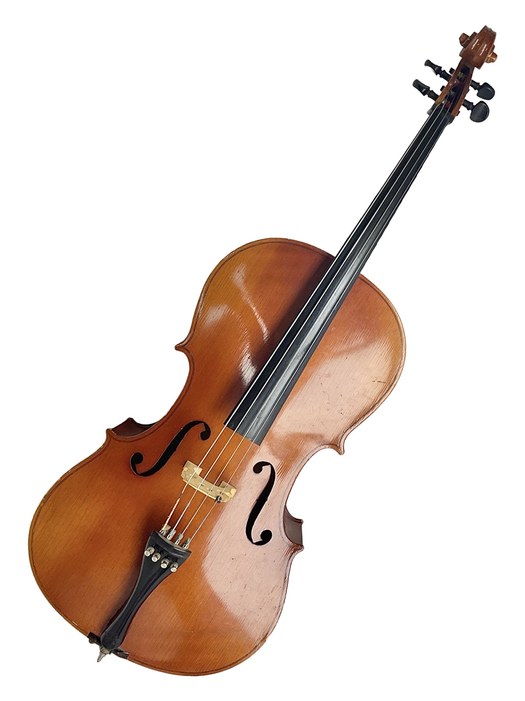 German half-size cello with 69cm two-piece maple back and ribs and spruce top; L112.5cm overall; in soft carrying case with two bows
