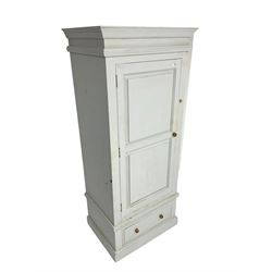 Painted pine single wardrobe, projecting cornice over panelled door, fitted with single drawer to base