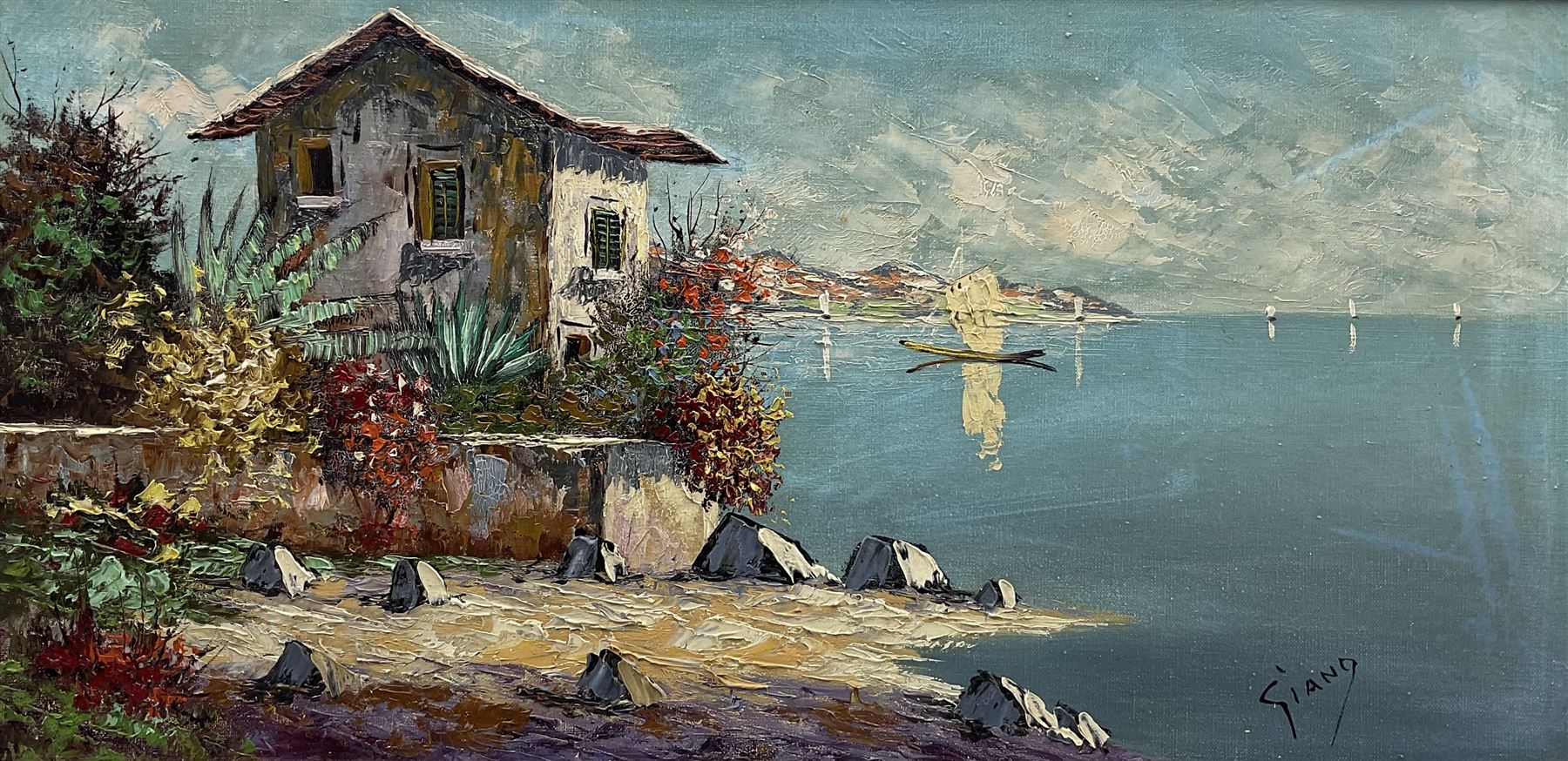 Continental School (Late 20th Century): Villa beside Lake Como, oil on canvas signed 'Giano' 38cm x 79cm
