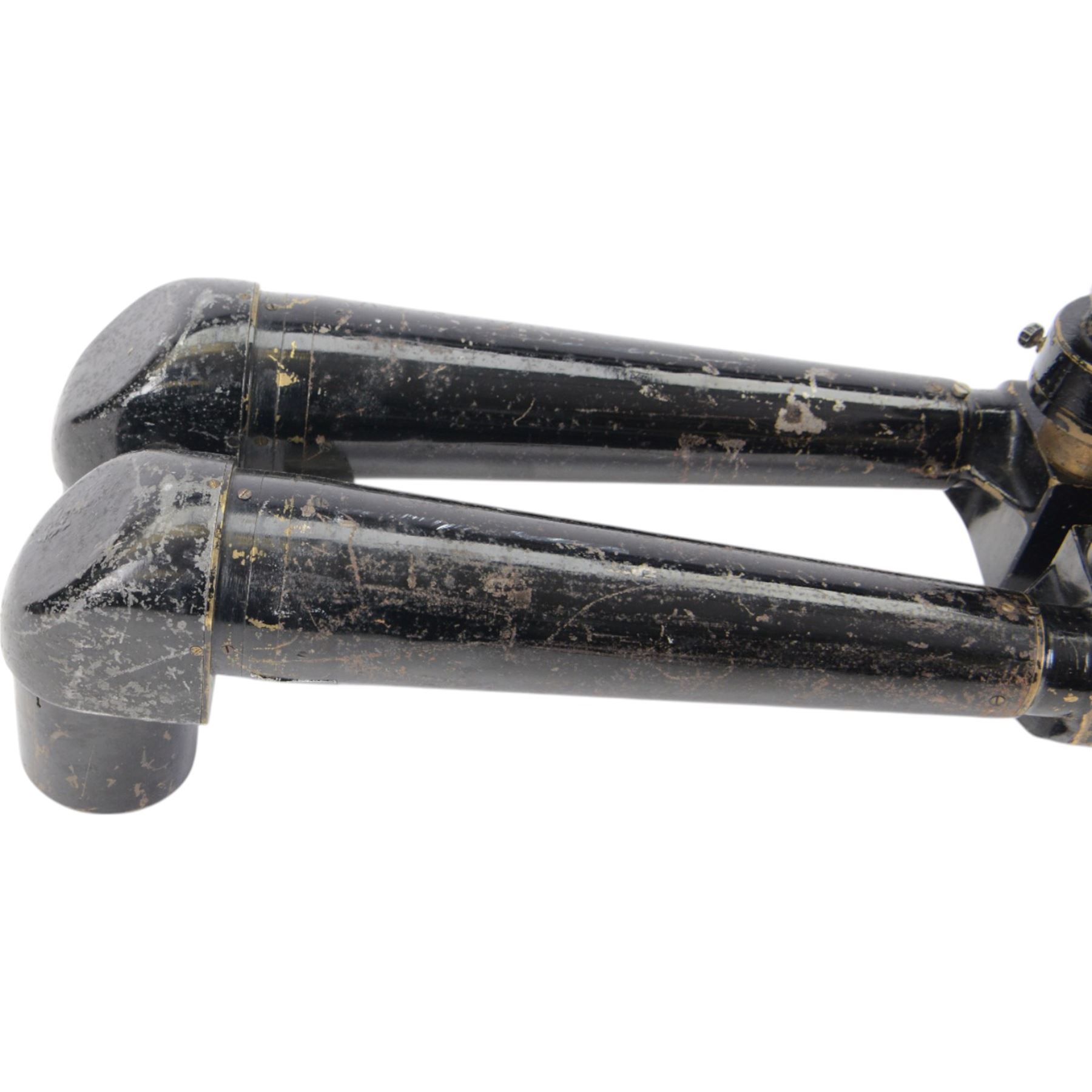 WWII French laquered brass rabbit ear trench periscope, stamped Societe D'Optique Paris No 15549 Telescope Stereoscope No 3 MKIA, with retailers stamp for Graticules A. Kershaw & Son 1938 with broad arrow mark