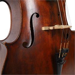 Early 19th century English cello by Samuel Gilkes of London, circa 1820, with two piece back and pine table finished in a golden brown varnish, certificate of authenticity from D.R Hill & Son, Buckinghamshire, numbered H494 in their records, in Hiscox hard case, with two horse hair cello bows, the first an English example stamped Ferranda Millars Liverpool, the second a German example stamped R. Paesold, both with ebonised mother of pearl/abalone frogs and ivory tip plates
This item has been registered for sale under Section 10 of the APHA Ivory Act