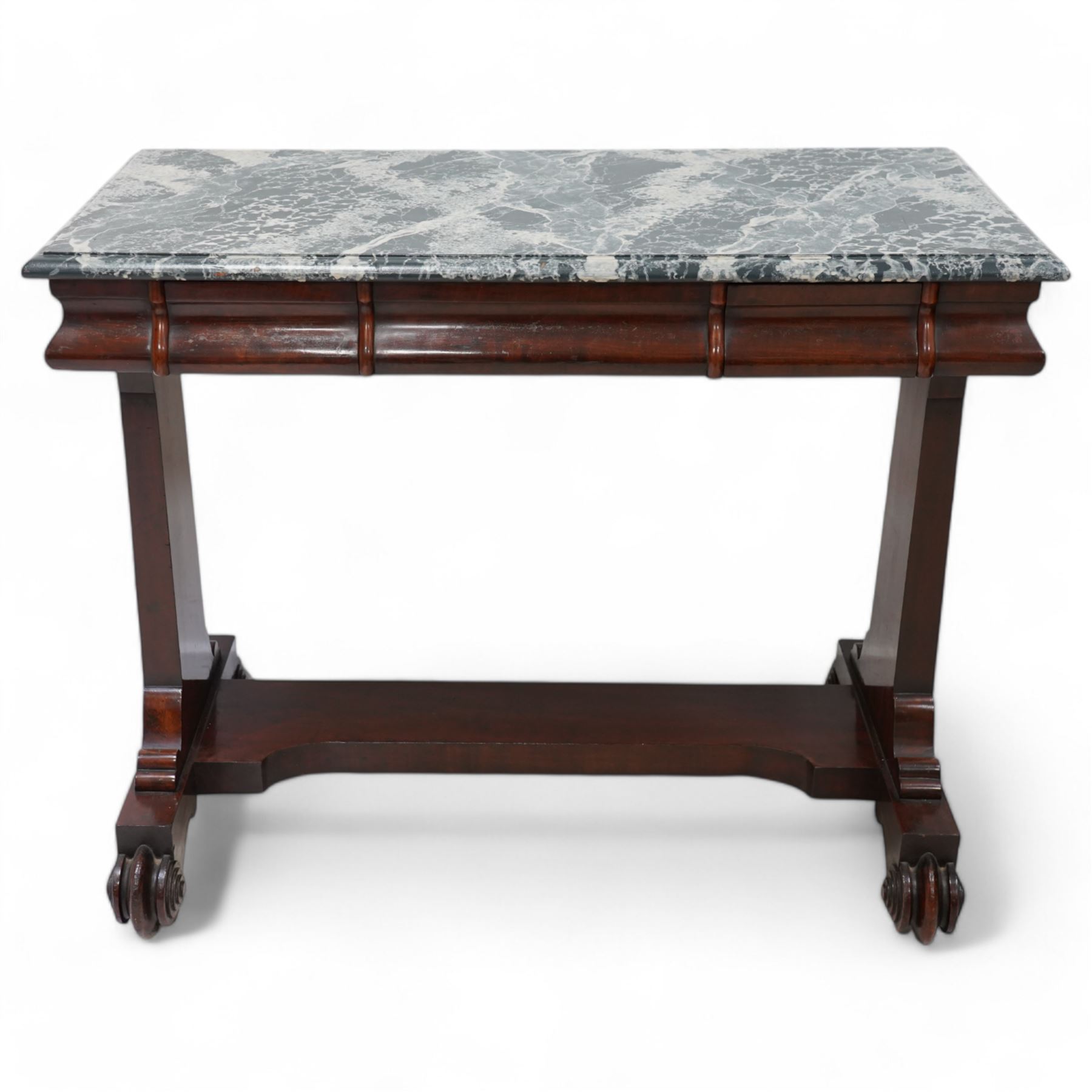 19th century mahogany side table, moulded rectangular top with simulated marble finish, ogee moulded frieze fitted with two drawers, rectangular and supports on scroll carved feet united by flat stretcher 